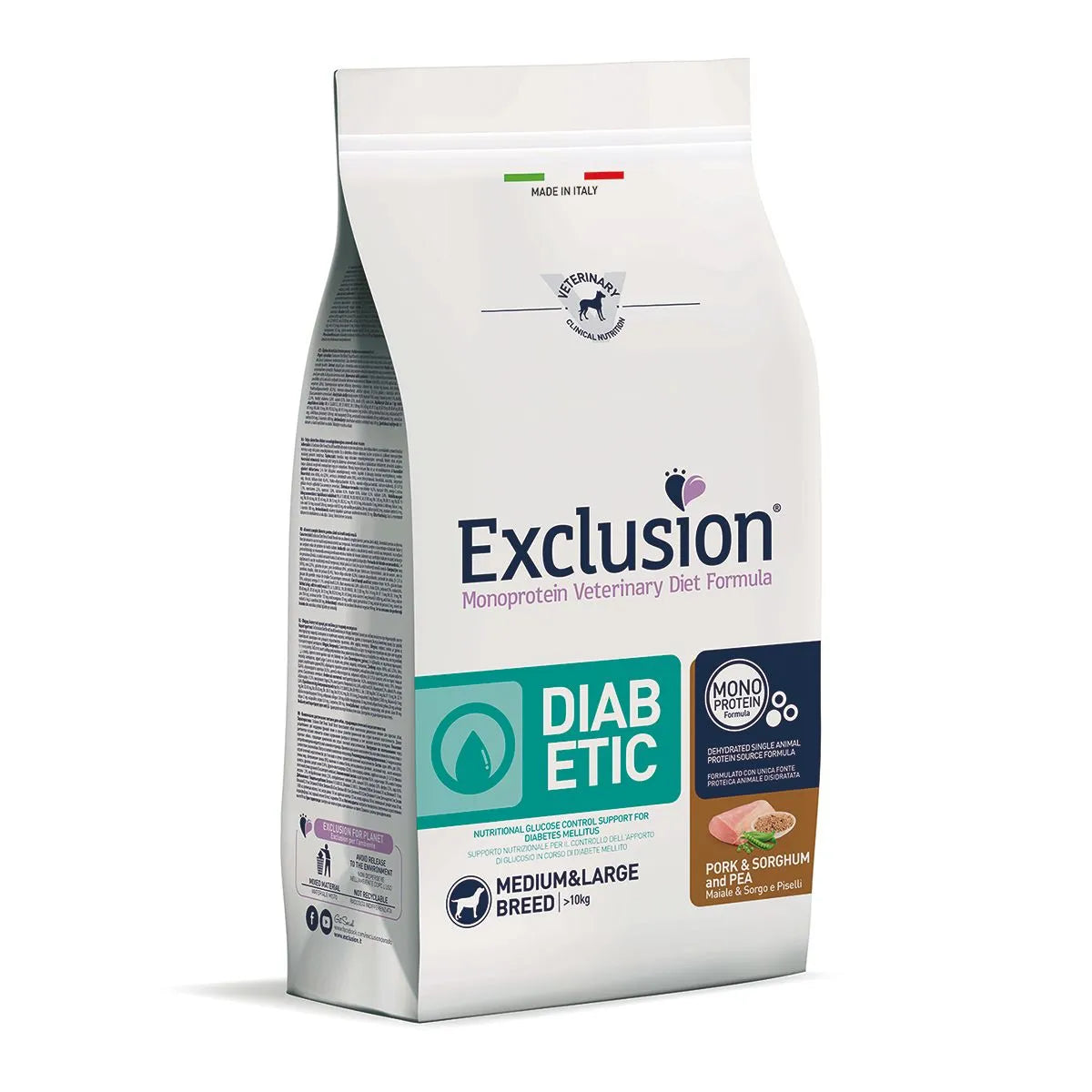 Exclusion DIabetic Medium e Large Breed Maiale,Sorgo e Piselli 12Kg