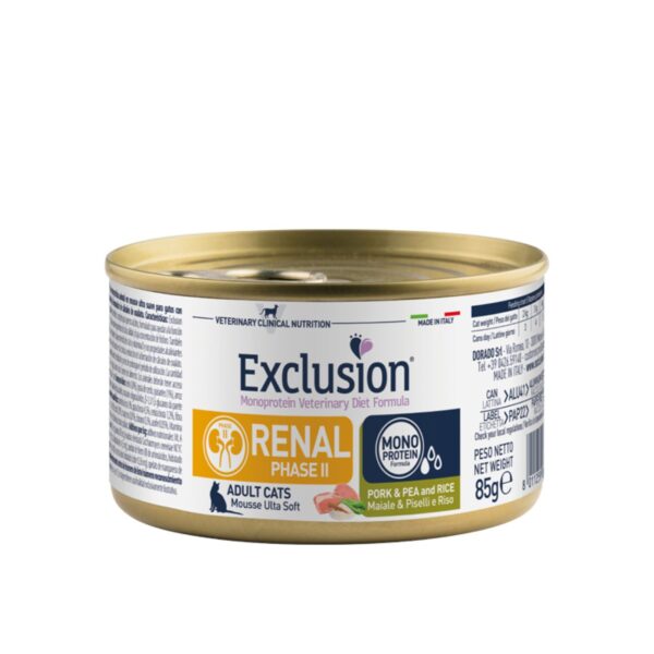 Exclusion Renal Phase II Gatti Adulti Maiale,Piselli e Riso Umido 85 Gr