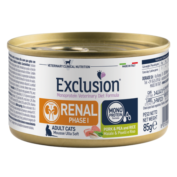 Exclusion Renal Phase I Gatti Adulti Maiale,Piselli e Riso Umido 85 Gr
