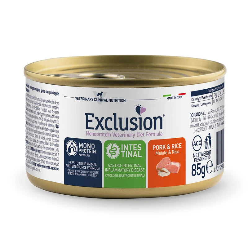 Exclusion Intestinal Gatti Adulti Maiale e Riso Umido 85 Gr